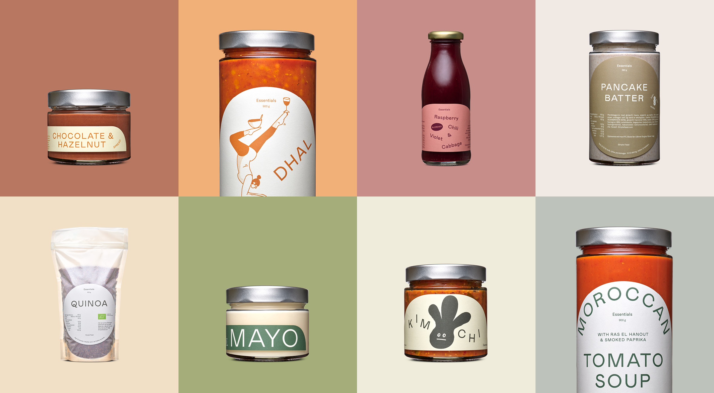 Frit valg til 'Essentials' hos Simple Feast – Få alt fra morgengrød til pandekage-mix, spreads, færdigretter, dressinger og juice! Alt leveres direkte til din dør